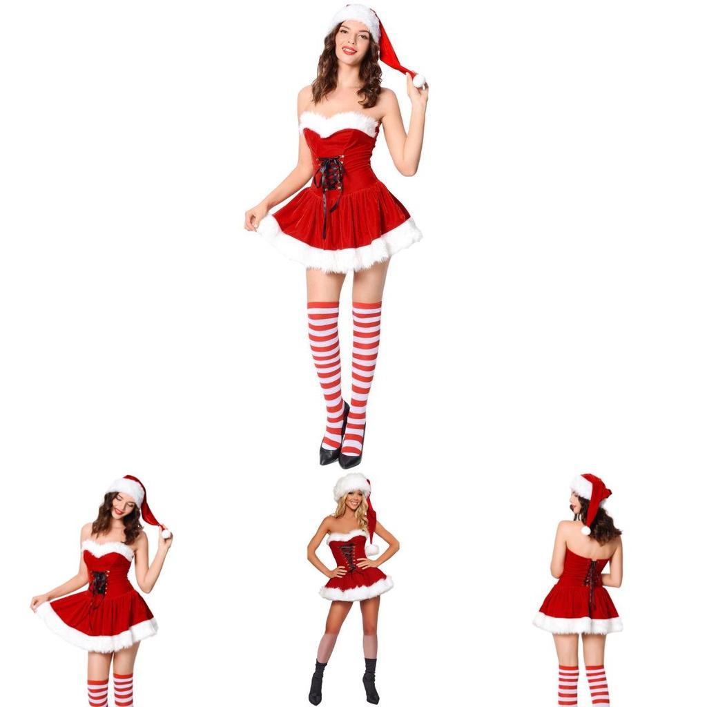Women's Stunning Velvet Off Shoulder Christmas Dress Cosplay Santa Outfit