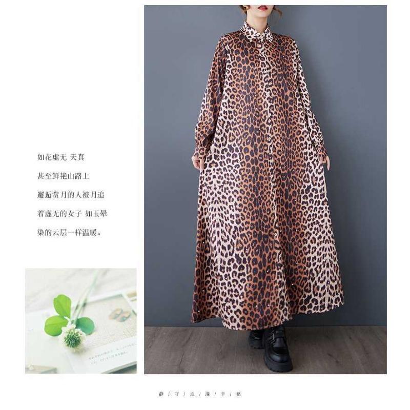 Loose Literary Big Size Fashion Leopard Print Mid-length Temperament Casual Dresses