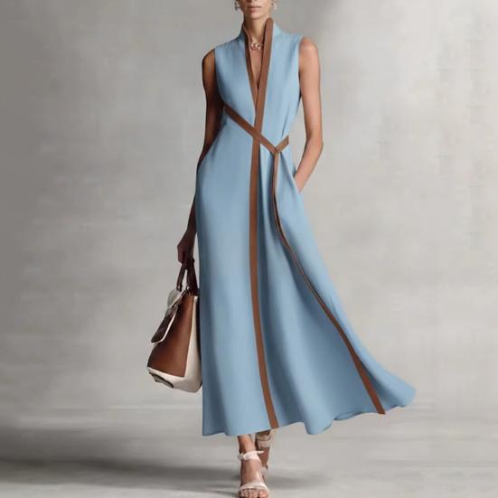 Sommer ärmelloses Kleid für Damen, lässig, Stehkragen, V-Ausschnitt, Maxikleid, fließend