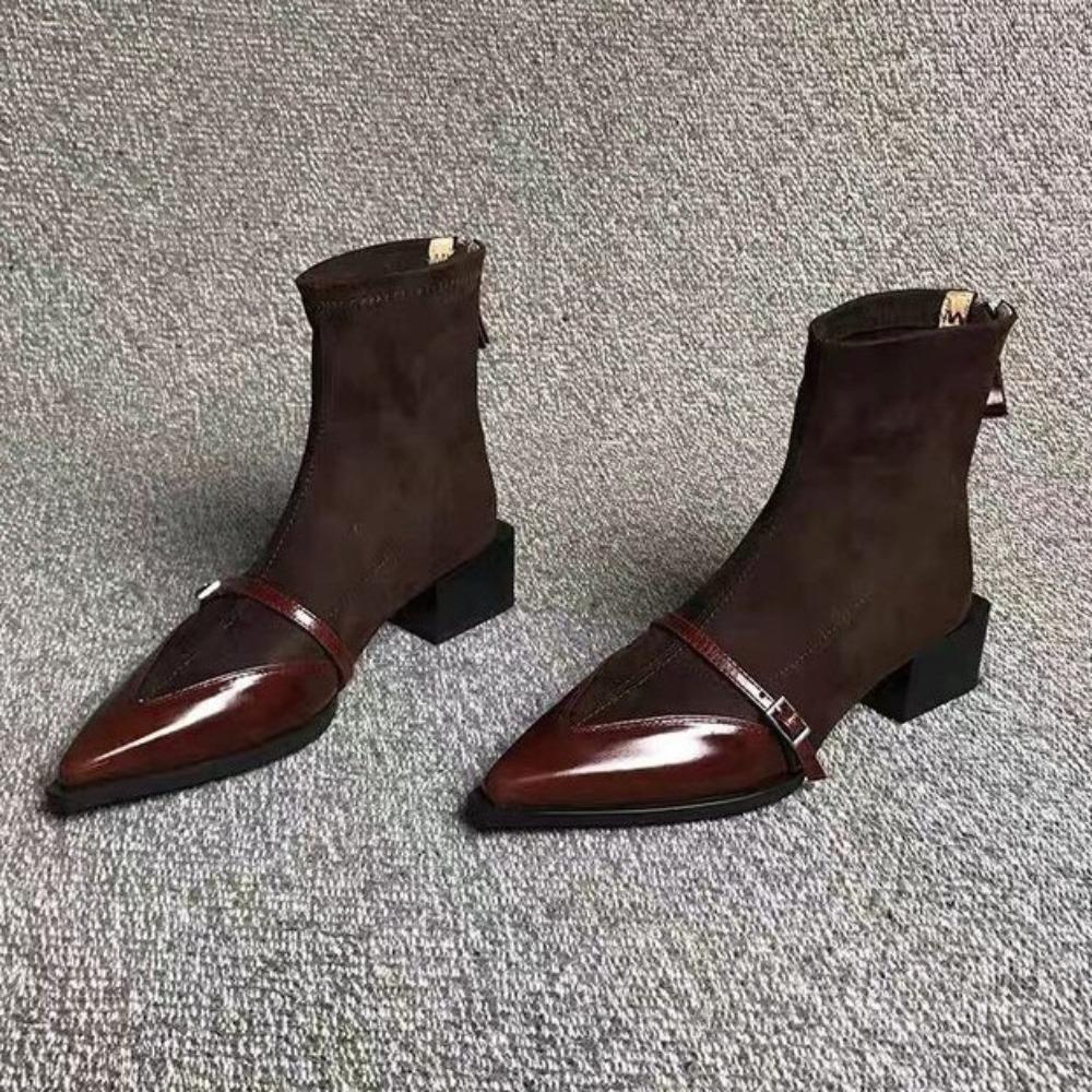 Short Boots Women's 2025 Winter Thick Heel Pointed Women's Leather Shoes Retro Cowhide Splicing Short Boot Thin Ankle Boots