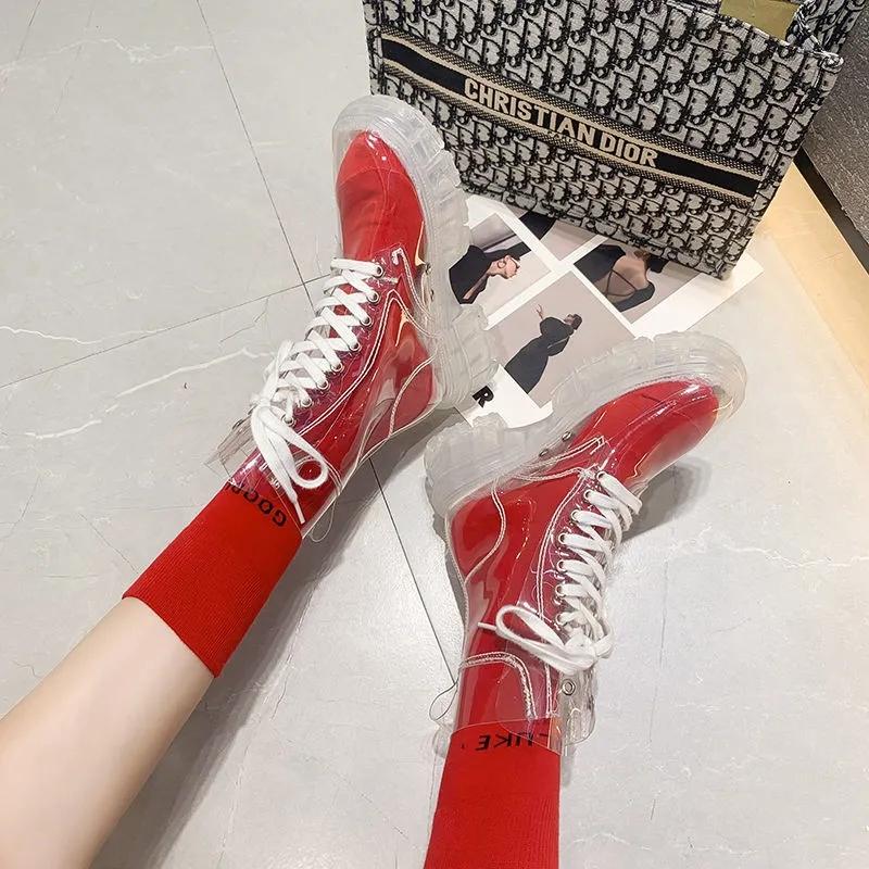 Przezroczyste Botki na Platformie 2024 Nowe Damskie Wodoodporne Botki za Kostkę Kobiece Przezroczysty Obcas Krótkie Botki Seksowne Damskie Buty Przeciwdeszczowe