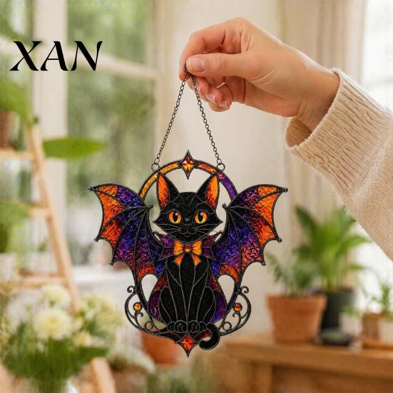Black Cat Bat Sun Catcher Halloween Suncatcher, Stained Glass Style Acrylic Catcher, Gothic Festival Atmosphere Display Hanging Ornament for