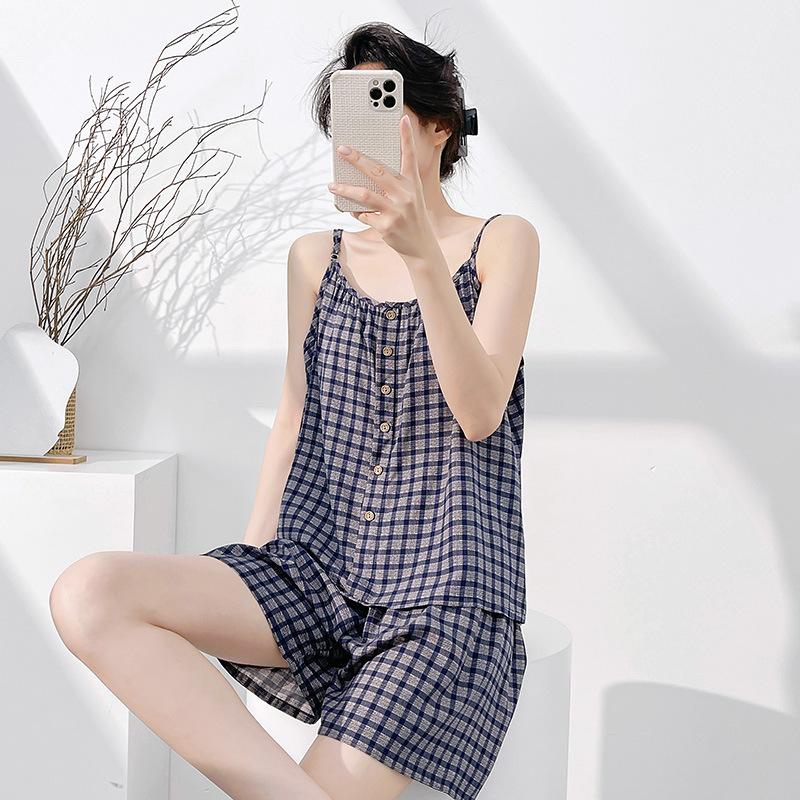 Summer thin floral suspenders pajamas women's French with chest pads can be worn outside sweet sleeveless loungewear cotton silk suit