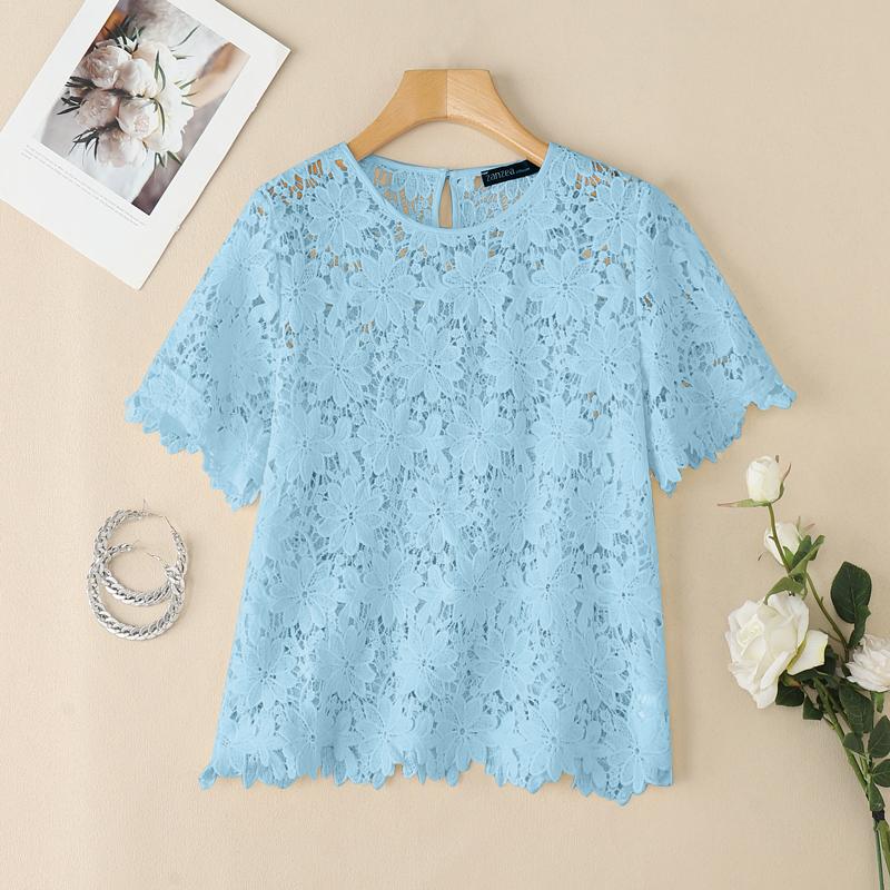 ZANZEA Women Casual Round Neck Hollow Out Lace Short Sleeve Blouse