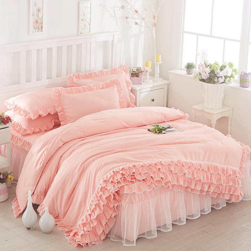 Korean Princess Duvet Cover 4 Piece Set Solid Color Ruffles Lace Quilt Cover And Pillowcase For Girl Woman Romantic Bedspread