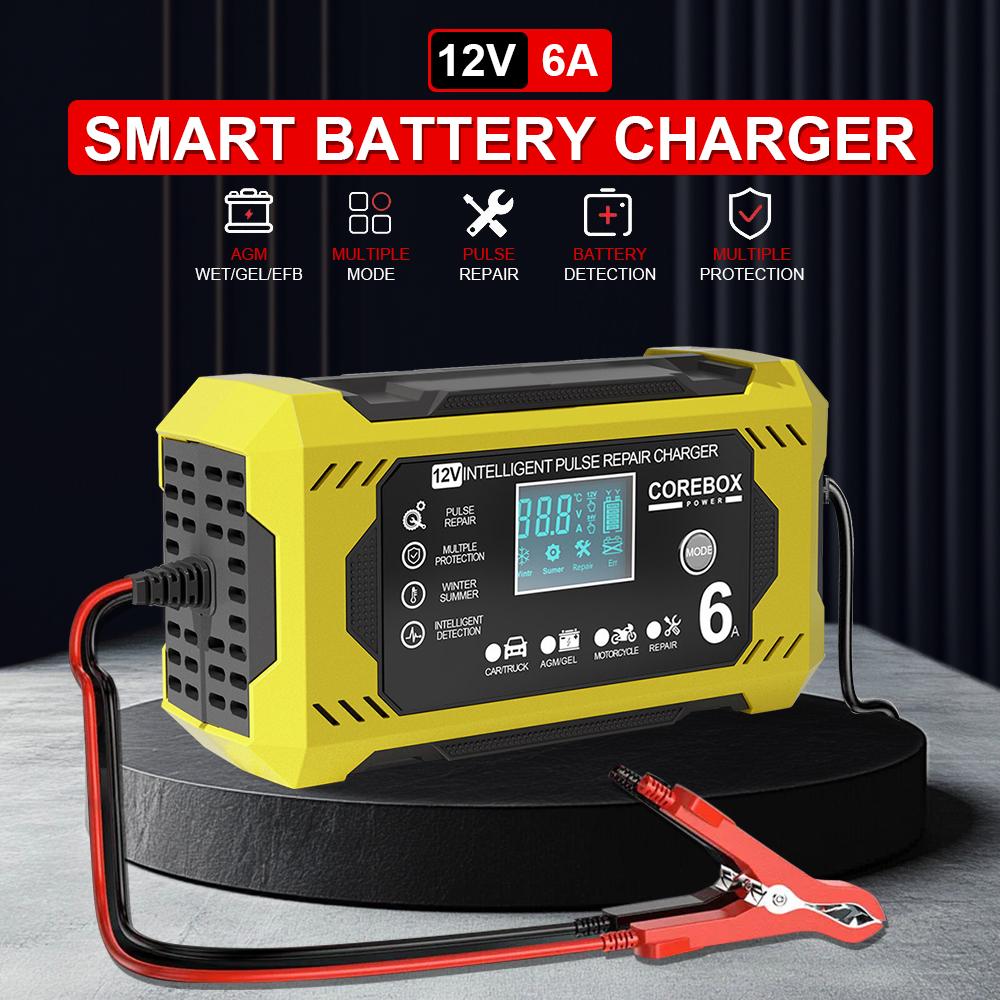 12V/6A Intelligent Pulse Repair Battery Charging High Power For Motorcycle SUV Truck Smart Car Battery Charger Multifunctional LED Display