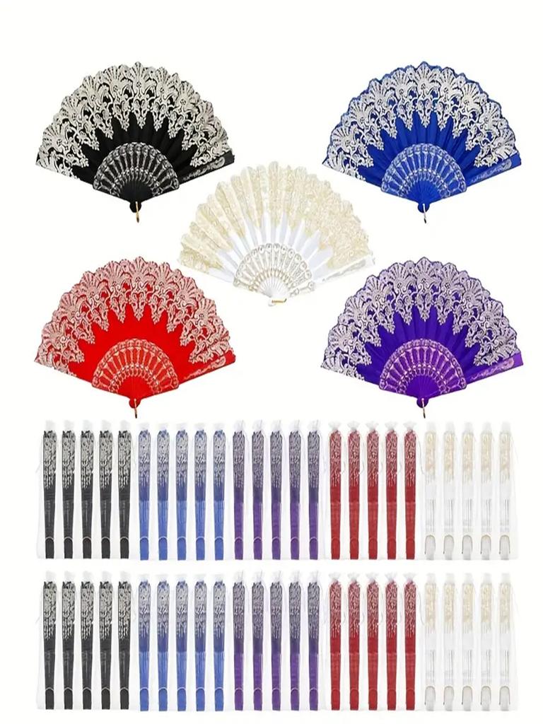 Multicolor Decorative Fan Hand Lace Foldable Fans | Bulk for Women with Organza Bag, European Retro Fan, Bridal Dancing Prop, We