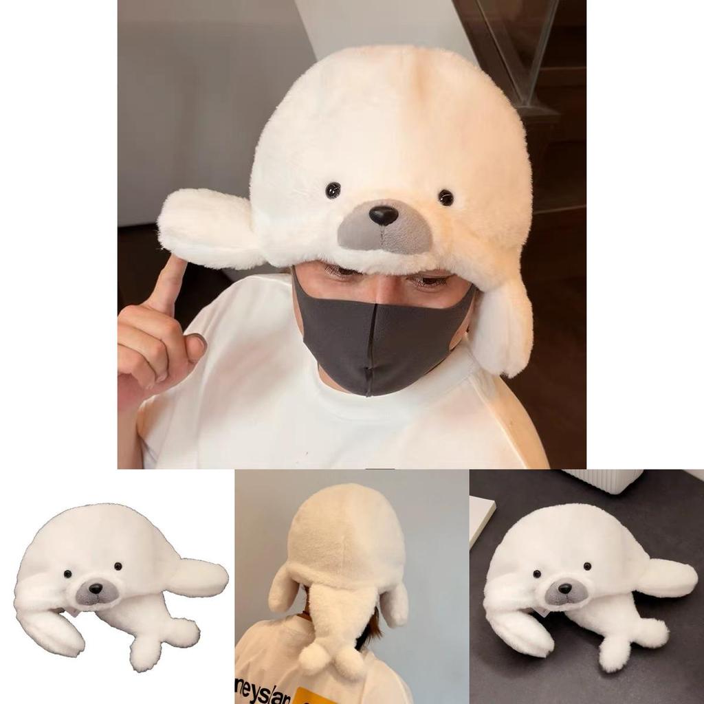Cute Cartoon White Seal Design Plush Hat For Kids And Adults Cold Season Accessory