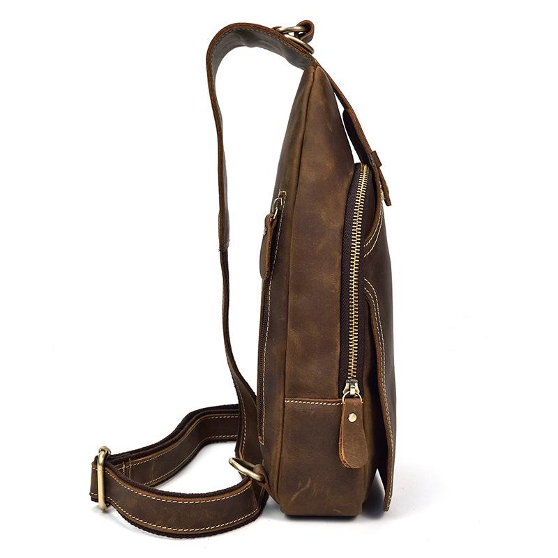 Men'S Leather Breast Bag Retro Crazy Horse Leather Messenger Bag First Layer Cowhide Travel Bag Cowhide Shoulder Bag Summer
