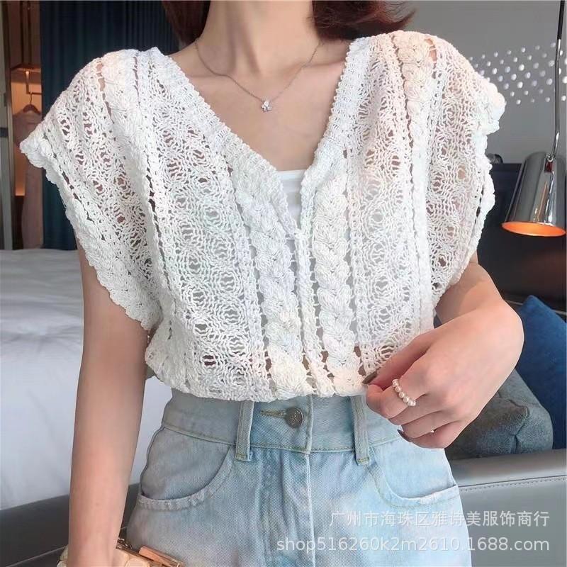 Korejská móda Háčkovaná vesta s dutým výstřihem do V Dámské Elegantní Volné Ležérní Pletený Cardigan Krátké topy Svetr Jednoduché oblečení bez rukávů 3410