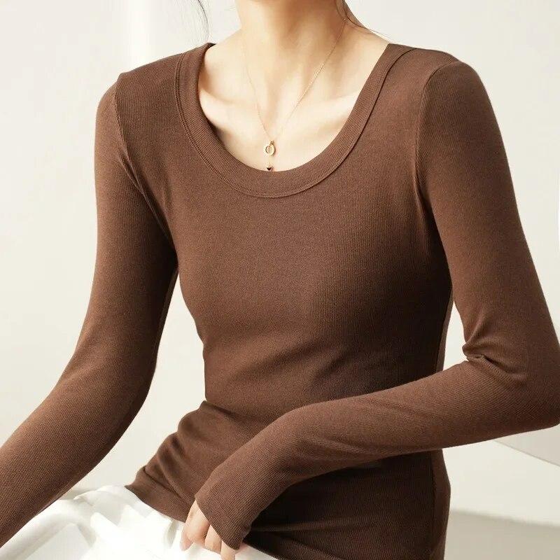 

Модная облегающая футболка из чистого хлопка, женская свободная футболка с длинным рукавом и U-образным вырезом, женские осенние повседневные элегантные женские футболки 30530 XXL темно-коричневого