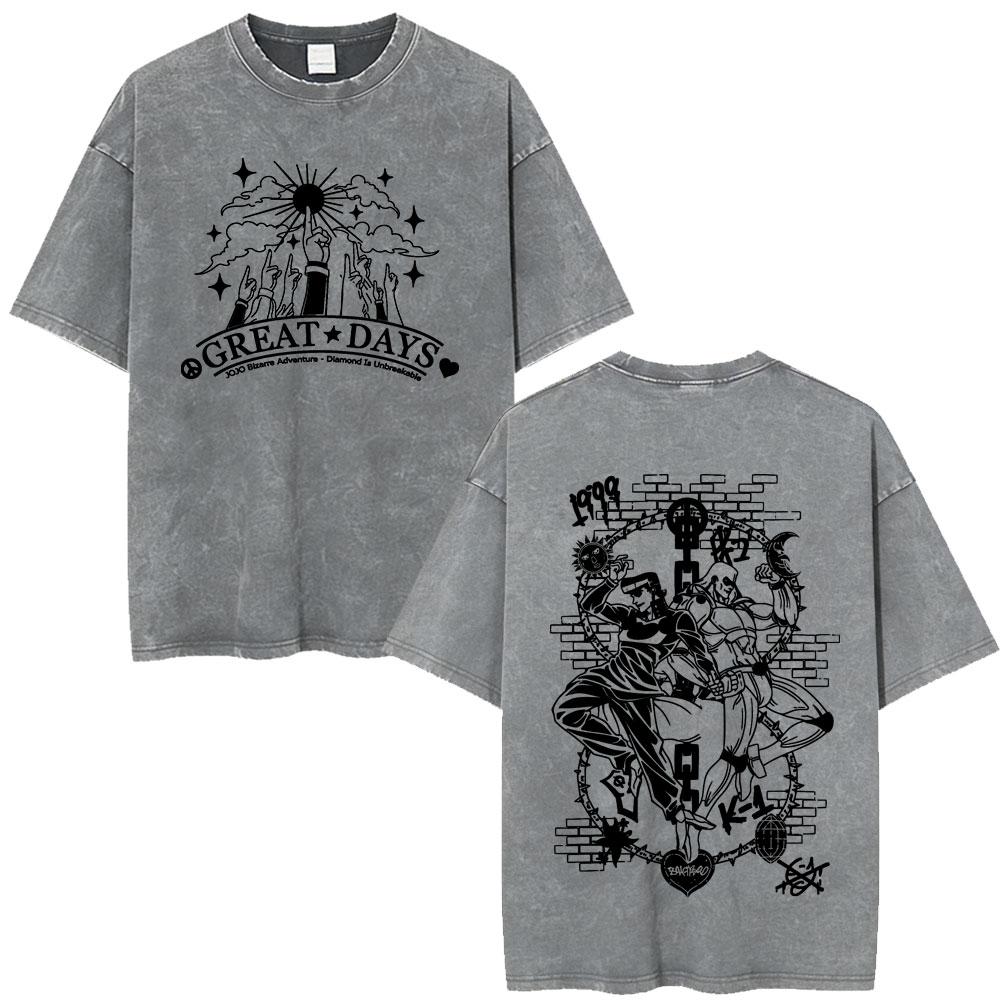 Anime JoJo Bizarre Adventure Jotaro Kujo Vintage Acid Washed T Shirts Men Women Cotton Casual Short Sleeves Tshirts Streetwear