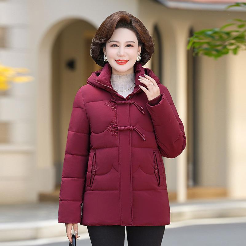 Nová bunda pro matku středního věku s vatovou výplní z prachového peří Zimní oblečení 50letá Dámská vatovaná bunda s kapucí Dámský kabát