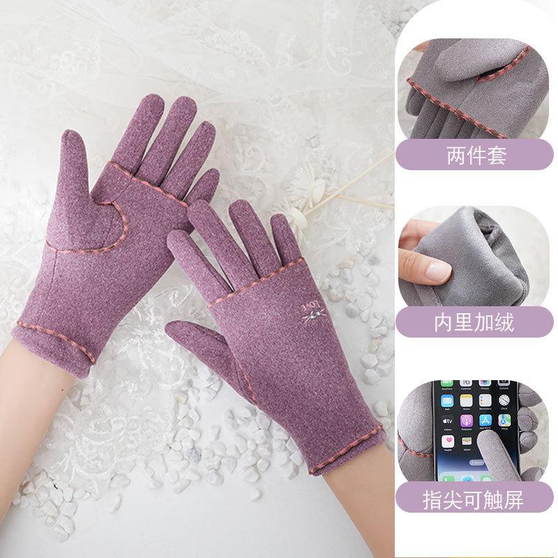 Warm gloves for women's outdoor riding German velvet velvet windproof and cold-proof touch screen driving two-piece set of non-slip gloves