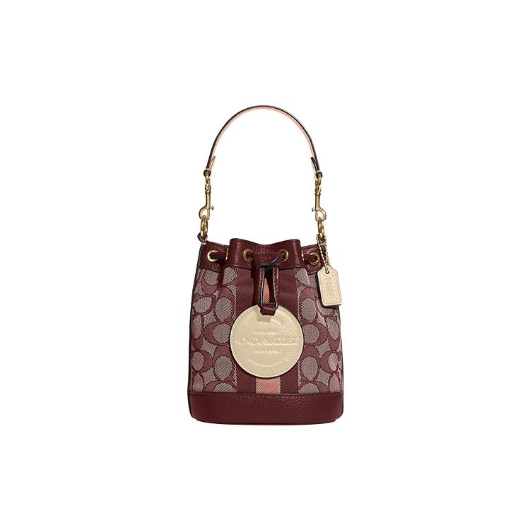 Coach Dempsey 14 Drawstring Closure Signature Jacquard Pebble Leather Bucket Bag Women handbags Burgundy C8322-IMMZI Basic Set (Bag+Dust Bag)