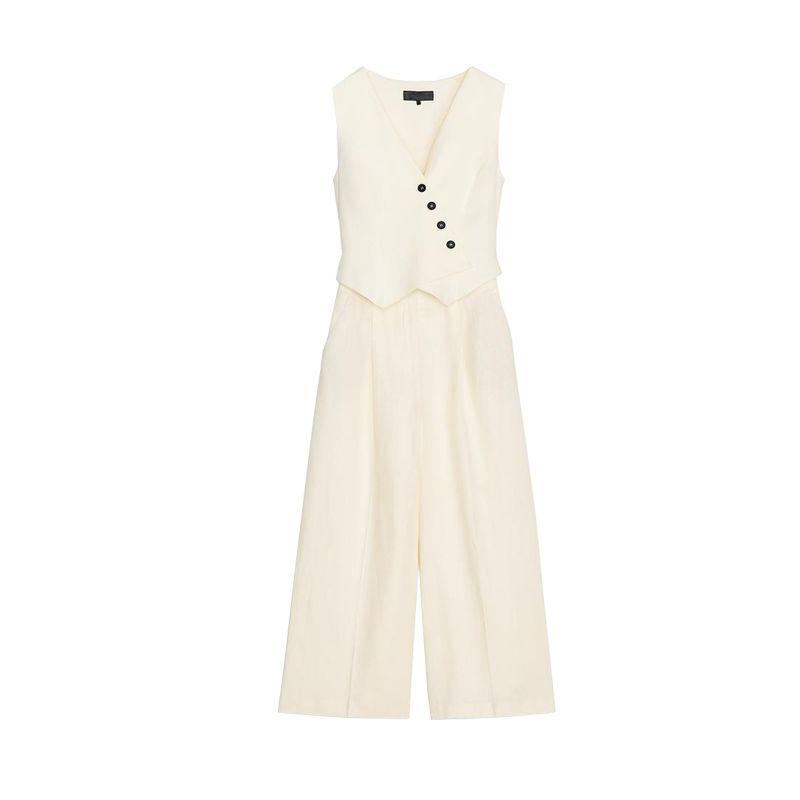 Summer New Product Women's Clothes Pleated Design V Neck Sleeveless Linen Blended Long Vest Jumpsuit 3344709