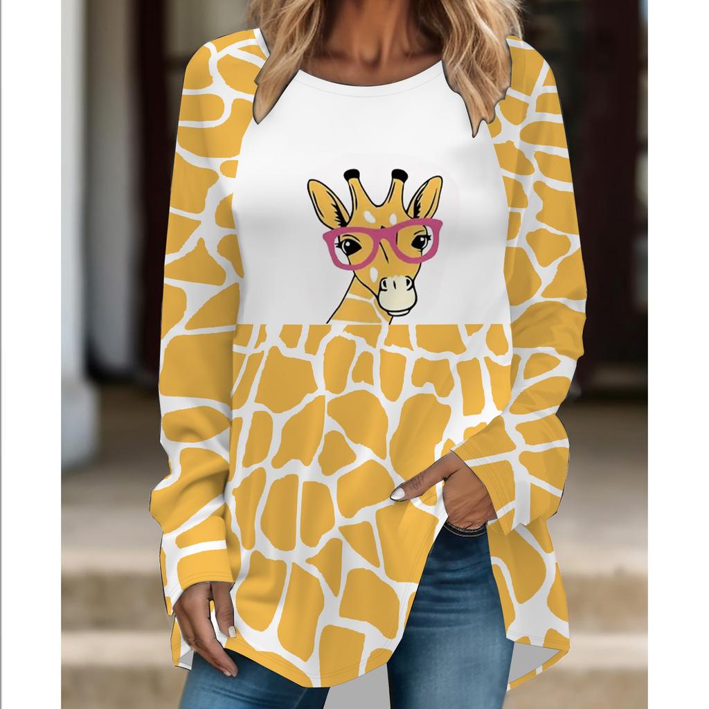 Plus Size Women Fashionable Personality  Leopard Printed Comfy Long Sleeve Round Collar T-shirt Casual Baggy Mid Length Tee Tops