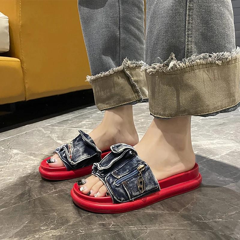 Fashion Cowboy Flats Platform Slippers Women Beach Shoes Summer Sandals Walking Flip Flops 2024 Designer New Casual Femme Zapatos Slides