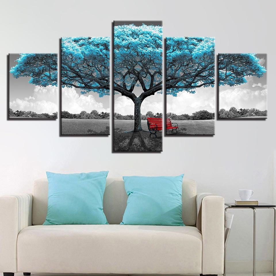 5 Panels Canvas Wall Art Poster Painting Abatract Blue Tree Landscape Home Decor Wallpaper Paining Picture Print Living Room