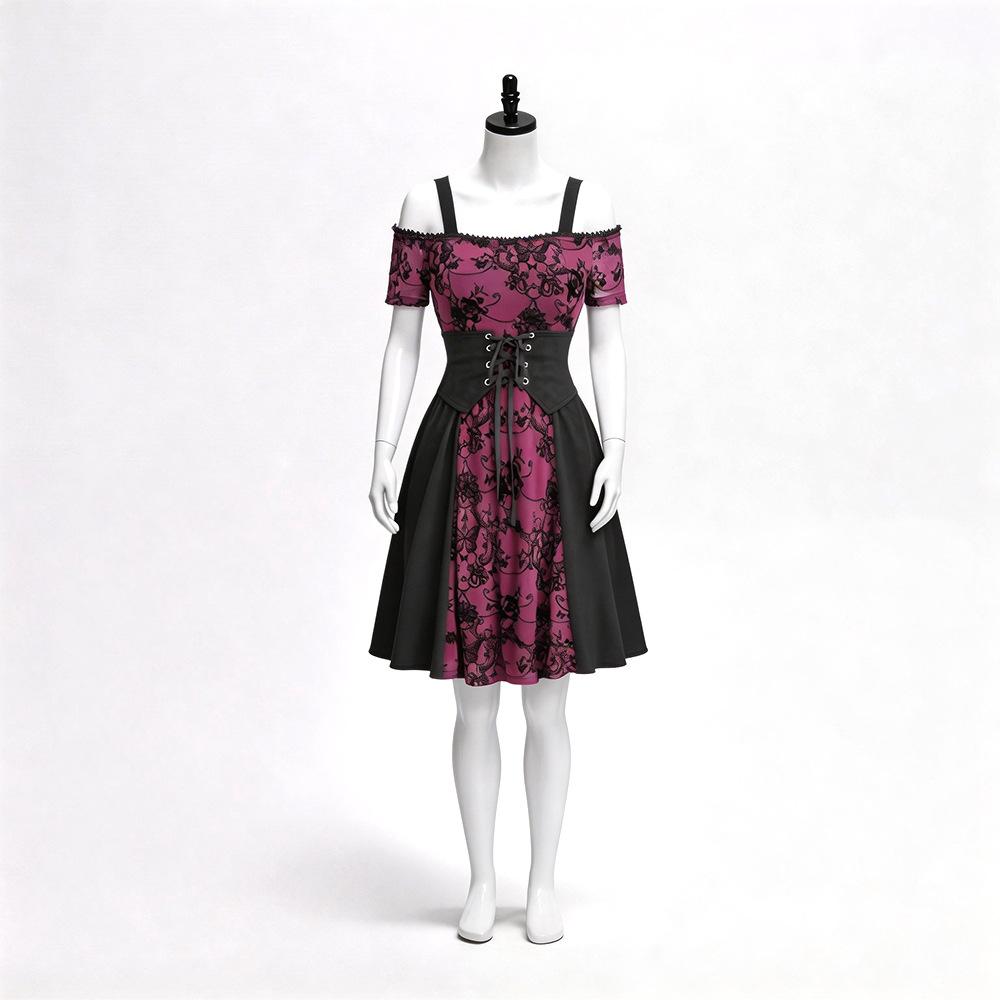 Medieval gothic dress, halloween vampire cosplay punk women s red and black dark print skirt XS