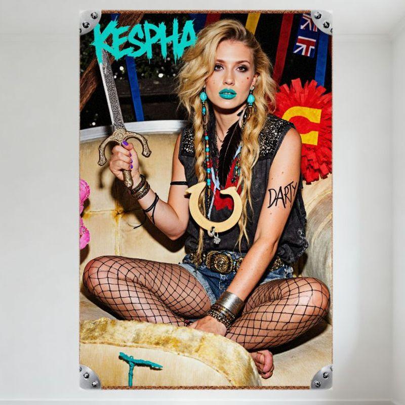 

Vintage Blonde Braids Woman with Turquoise Makeup Sword Tin Sign, Colorful Flags Union Jack Red Flower Decoration KESPHA Teal Gr 20x30cm（7.8x11.8inch）