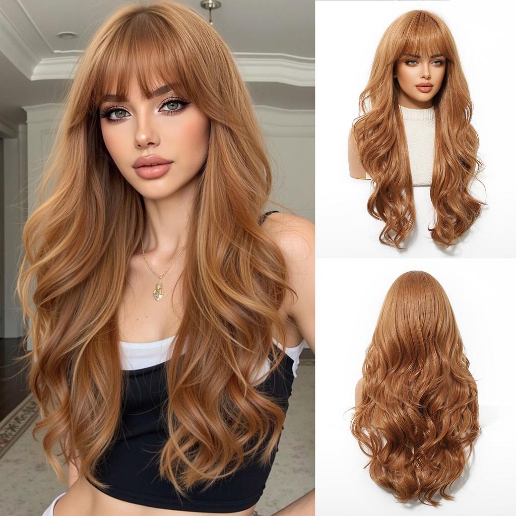 Long Golden Blonde Wave Synthetic Wigs with Bangs for Women Golden Brown Natural Cosplay Costume Daily Hair Wigs Heat Resistant
