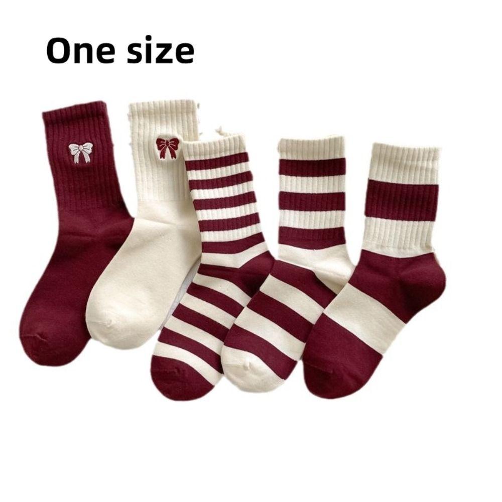 Red Lovely Bow Female Elastic Striped Socks Spring Snow Boot Socks Middle Tube Socks  Women Gift