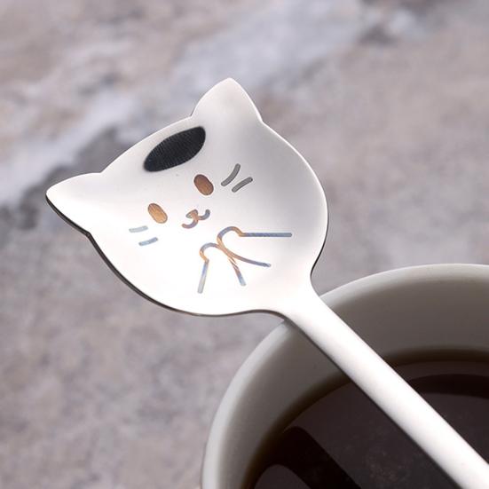 Cat Face Coffee Spoon, 304 Stainless Steel Cute Hanging Spoon with Curved Tail, Long Handle, Stirring Spoon for Mug Cup, Coffee Milk Tea Dessert Gift