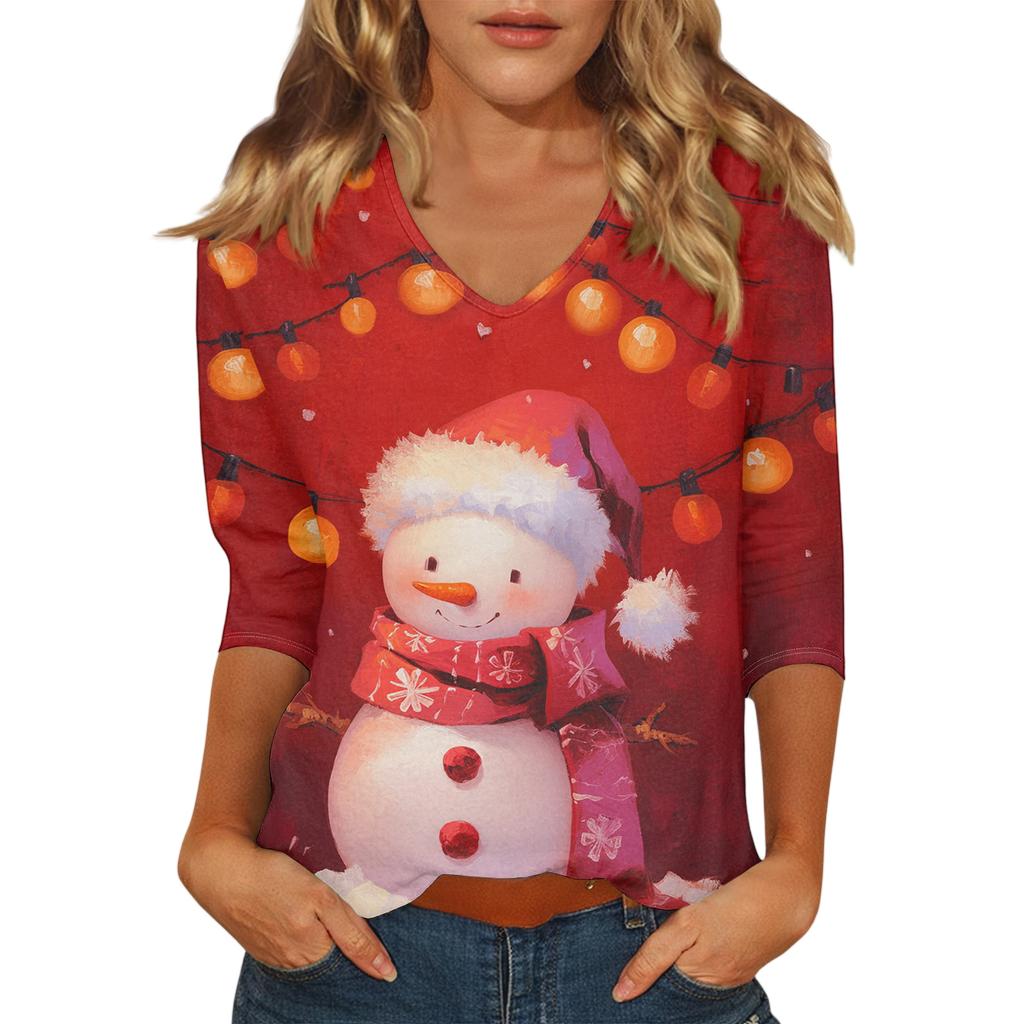 Ladies' Christmas Printed Fashionable Casual Seven Quarter Sleeved V-neck Top