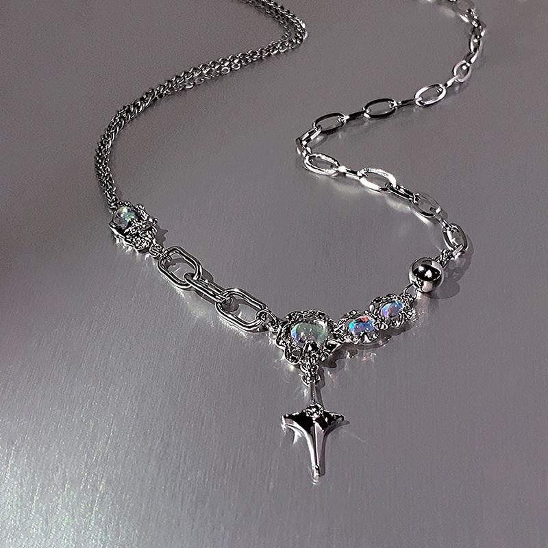 JWER Trendy Bling Moonstone Star Cross Pendant Necklace for Women Punk Hip Hop Star Chain CrystalNecklace Party Jewelry Gift