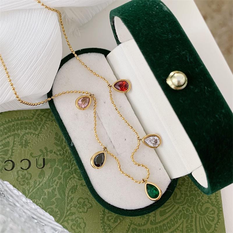 European & American Style Colorful Zircon Water Drop Pendant Necklace, Women's Clavicle Chain, 18K Gold Plated Titanium Steel