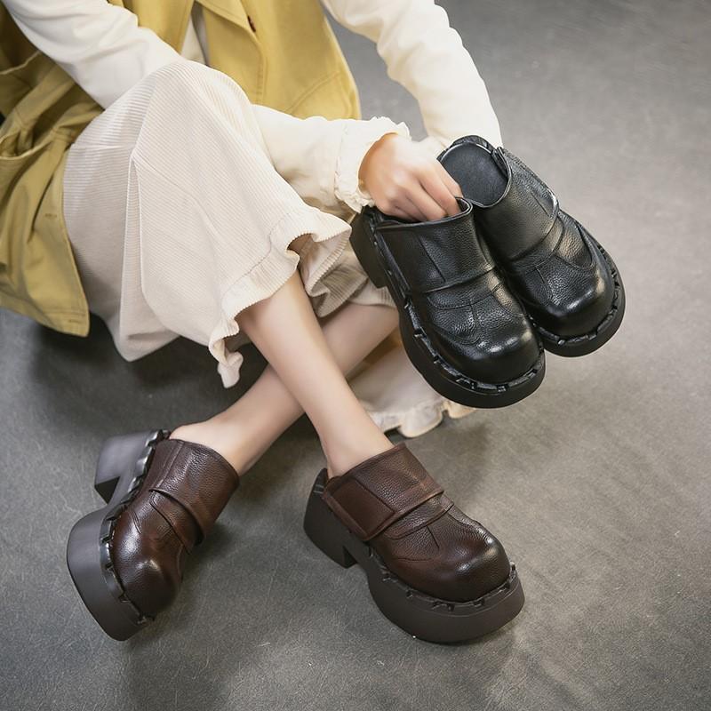 Johnature Retro Genuine Leather Outdoor Slippers Thick Heel Comfortable Slip-on Women's Platform Shoes