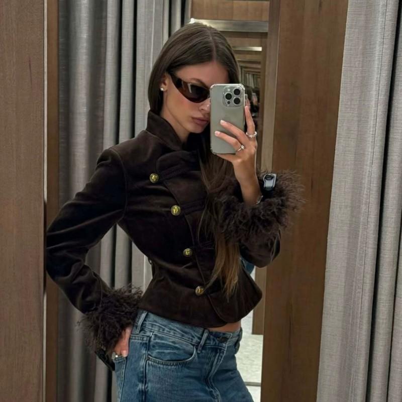 Womens Stand Collar Single Breasted Solid Color Coat Retro 2026 Fall Fashion Outerwear