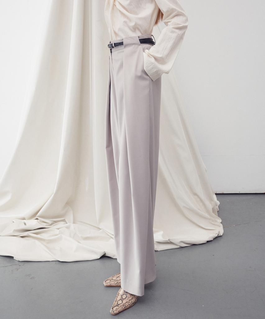 RE RHEE Belt Waist Detail Wide Leg Trousers Beige