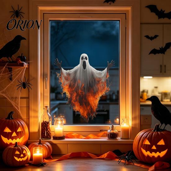 Weather Resistant Glass Ornaments Halloween Ghost Skeleton Grim Reaper Static Window Clings, Horror Break Through Spooky Theme Decals Decals,