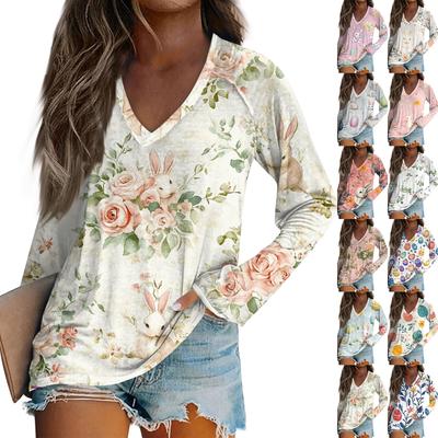 Camiseta Casual de Manga Larga con Manga Plisada y Estampado de Pascua para Mujer