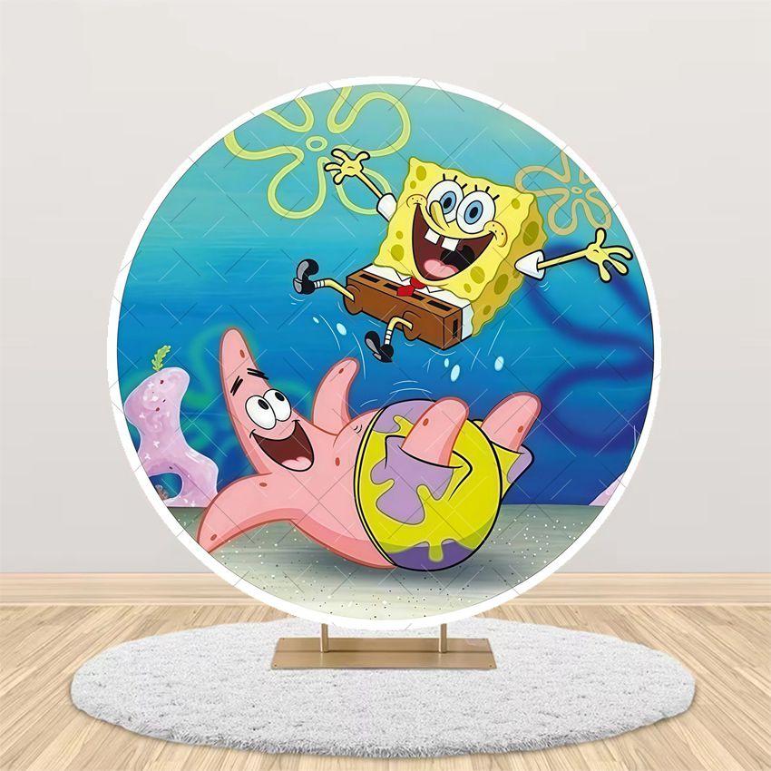 Cartoon SpongeBob Children Birthday Party Round Backdrop Cover Kid Room Decoration Baby Shower Photography Background Props