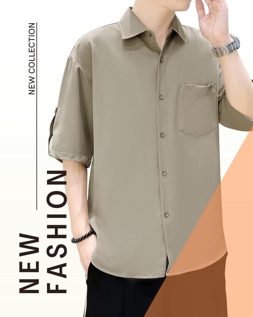 Summer Short Loose Ice Solid 3XL [foveitaa] Men's Shirt, Sleeve, 3/4 Sleeve, Fit, Silk, Cool, Stylish, Business, Casual, Simple, Stylish, Comfortable,