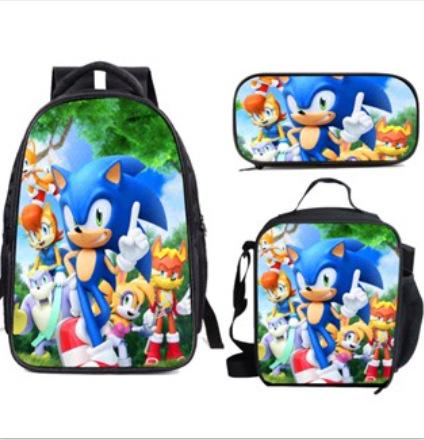 Sonic Primary School Student Schoolbag Three-Piece Set, Animation Cartoon Backpack, Shoulder Bag Pencil Case