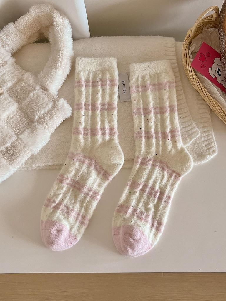 Socks Women's Winter Maillard Color Warm Plush Thickened Plush Striped Medium Tube Socks Home Sleeping Socks
