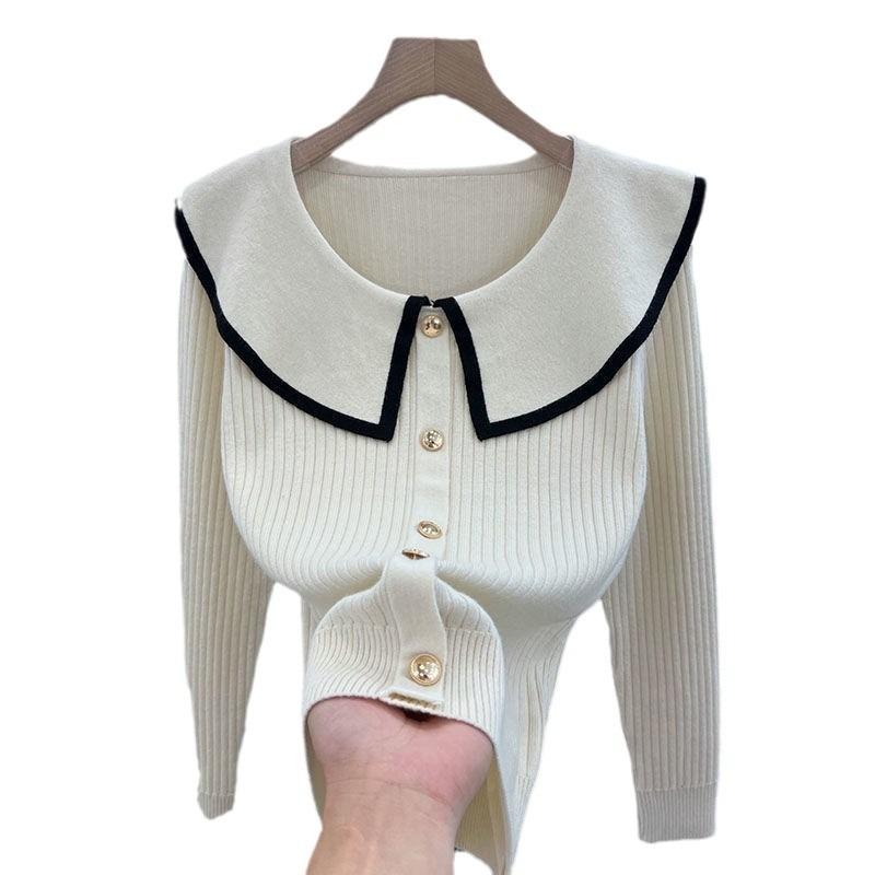 Doll collar striped knitted women's autumn and winter gentle small age-reducing temperament beautiful backing top