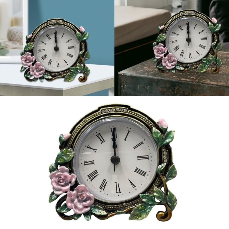 Mini Analog Table Clock Quiet Desk Clock Handpaint Metal Enamel Florals Battery Operated Clock for Shelf Bedroom Bedside