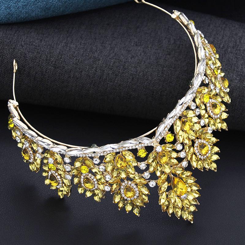 Baroque Yellow Crystal Tiaras for Women Bride Diadem Wedding Crown Bridal Hair Jewelry Party Dress Head Accessories