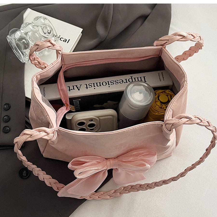 Chic Bow Knot Faux Leather Tote Bag for Women, Color Block Single Shoulder Handbag, Casual Daily Commute Work Bag KTB