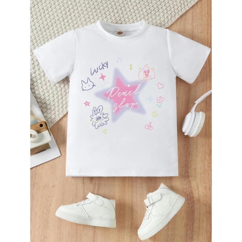 

European sizes Girls Summer Short-Sleeve T-Shirt with Cute Doodle Print - Round Neck Casual Top, Soft Stretch Fabric 98cm белый