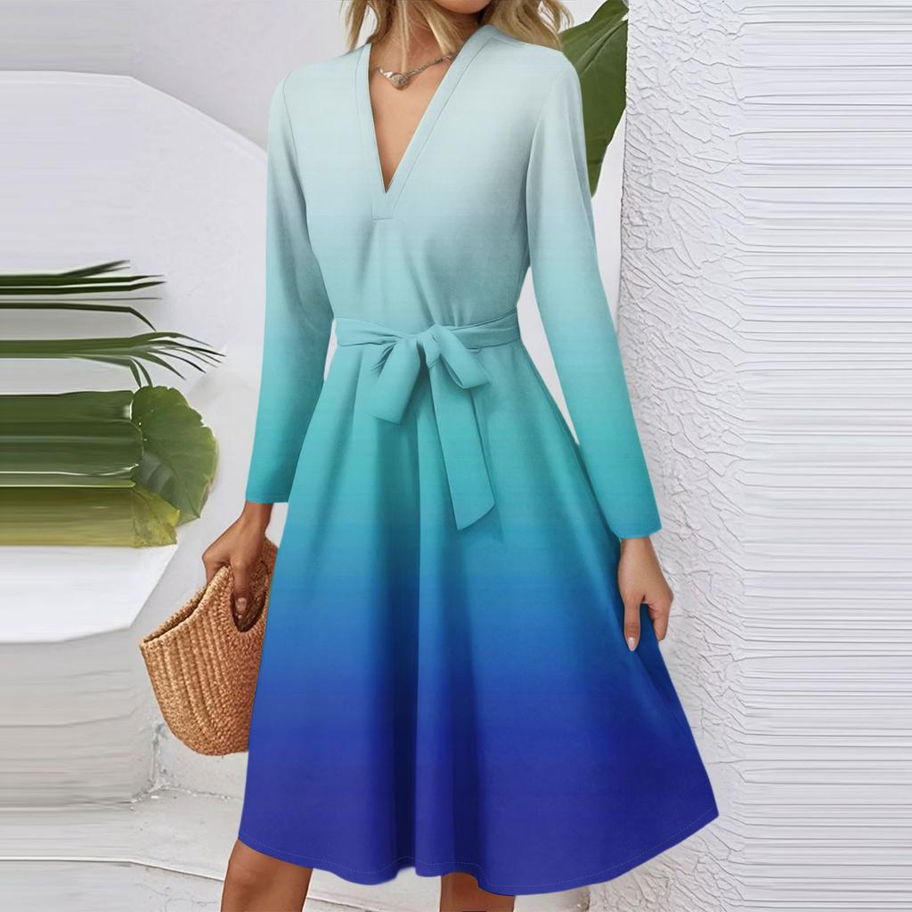 Women's Fashion Casual V-Neck Long Sleeve Waist Gradient Printed Midi Dress
