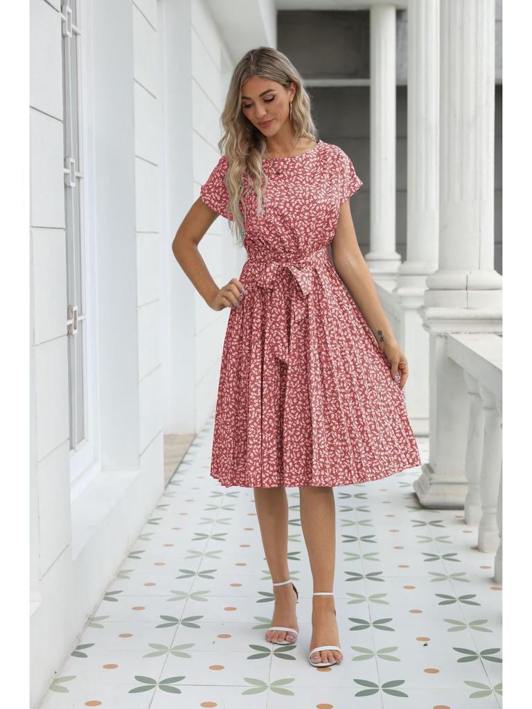 2025 European & American Summer Floral Lace Dress - Casual Short-Sleeved Pleated Skirt