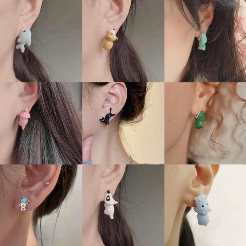 2pcs/1pair Animal Cartoon Stud Earring for Women Girl Cute Dinosaur Little Dog Whale Clay Bite Ear Jewelry Funny Gifts