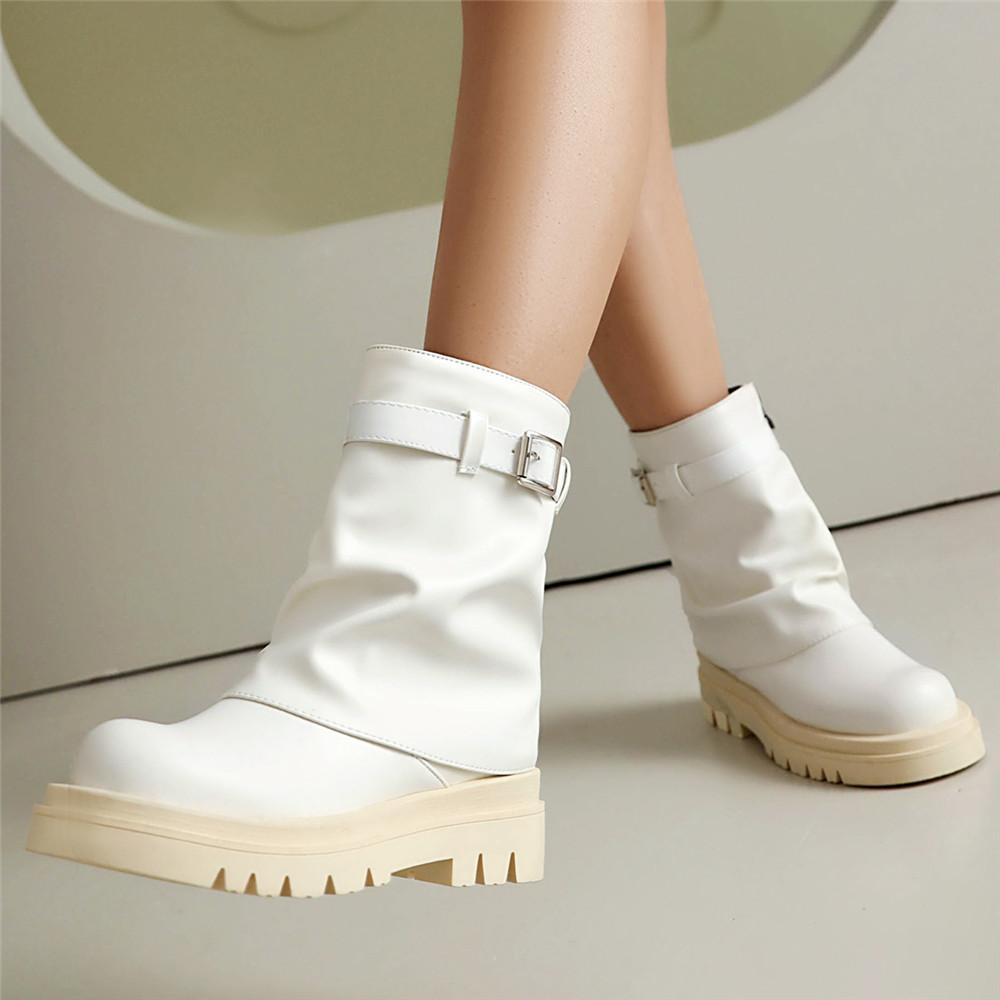 Fashion Designer Platform Flat Boots Women New Winter Fold Gothic Boot Buckle Zipper Fashion Brand Designer Ankle Boots Black White
