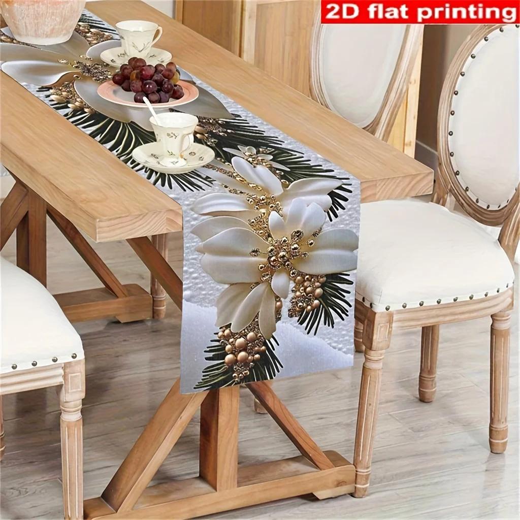 Christmas's Day White Floral Table Runner - Festive Wreath Print, Perfect for Home Decor & New Year Gifts